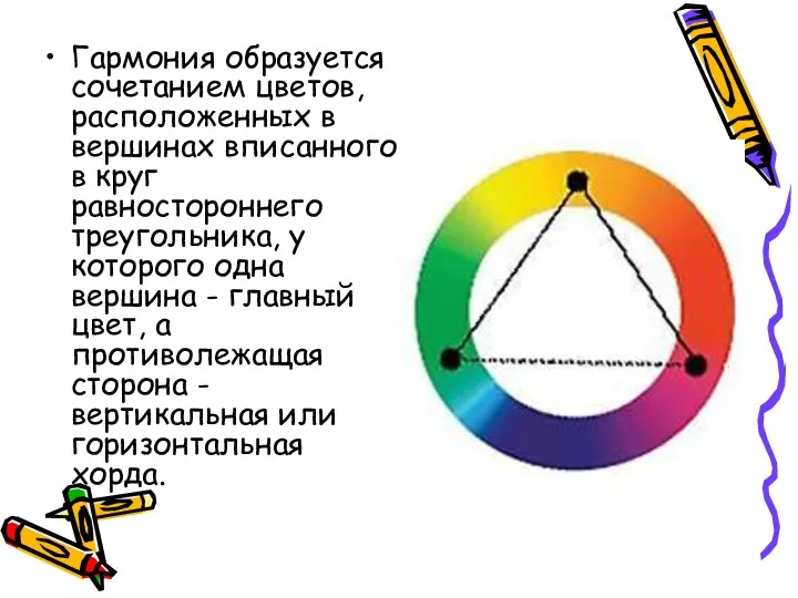 Гармония образуется сочетанием цветов, расположенных в вершинах вписанного в круг равностороннего треугольника,
