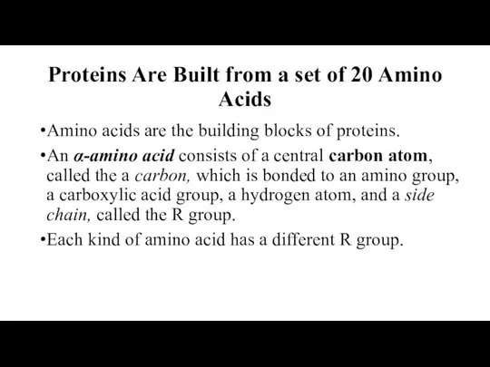 Proteins Are Built from a set of 20 Amino Acids Amino acids