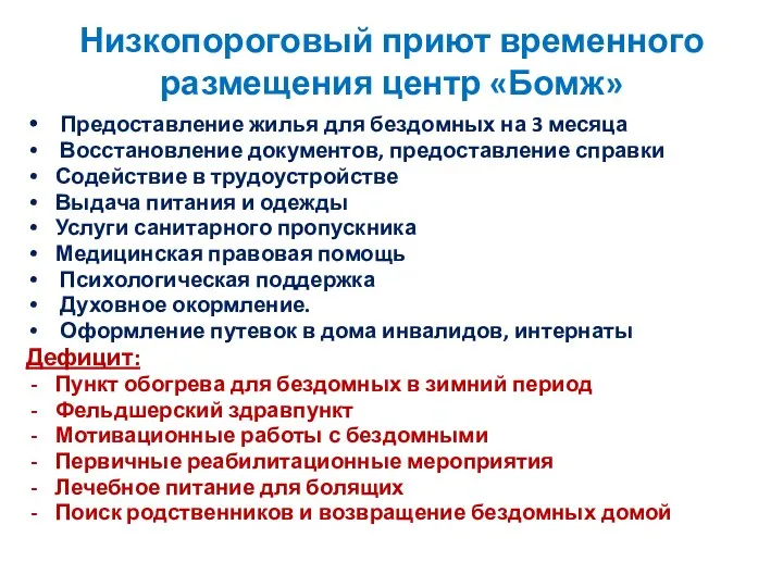 Низкопороговый приют временного размещения центр «Бомж» Предоставление жилья для бездомных на 3