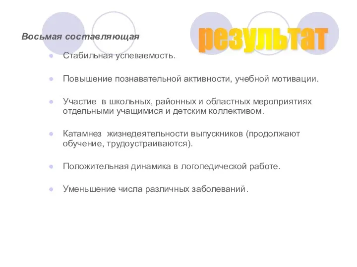 Восьмая составляющая Стабильная успеваемость. Повышение познавательной активности, учебной мотивации. Участие в школьных,