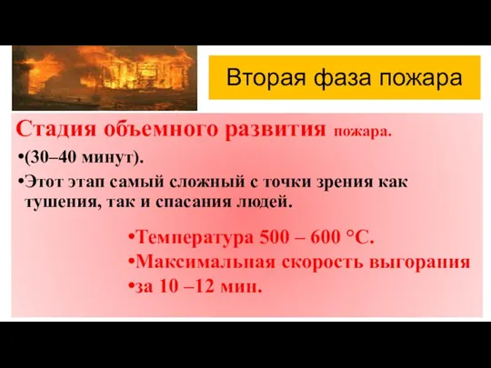 Вторая фаза пожара Стадия объемного развития пожара. (30–40 минут). Этот этап самый