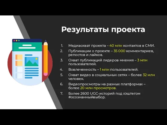 Результаты проекта Медиаохват проекта ­– 40 млн контактов в СМИ. Публикации о