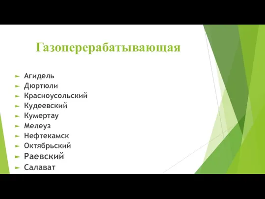 Газоперерабатывающая Агидель Дюртюли Красноусольский Кудеевский Кумертау Мелеуз Нефтекамск Октябрьский Раевский Салават Сибай Стерлитамак Учалы Чишмы Янаул