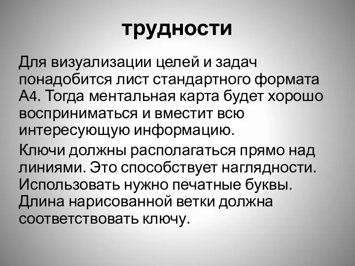 трудности Для визуализации целей и задач понадобится лист стандартного формата А4. Тогда