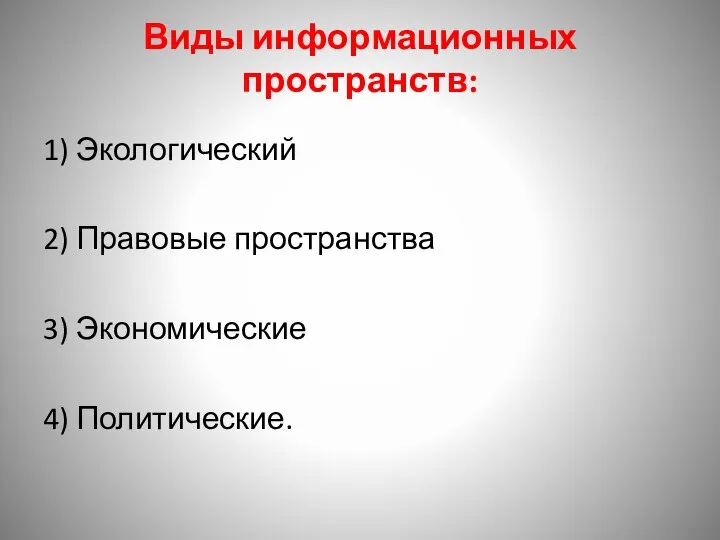 Виды информационных пространств: 1) Экологический 2) Правовые пространства 3) Экономические 4) Политические.