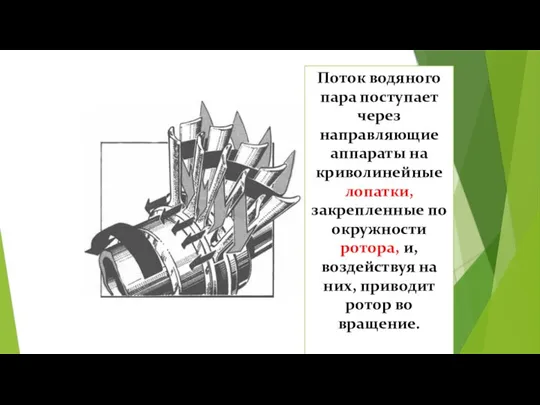 Поток водяного пара поступает через направляющие аппараты на криволинейные лопатки, закрепленные по