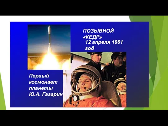 ПОЗЫВНОЙ «КЕДР» Первый космонавт планеты Ю.А. Гагарин 12 апреля 1961 год