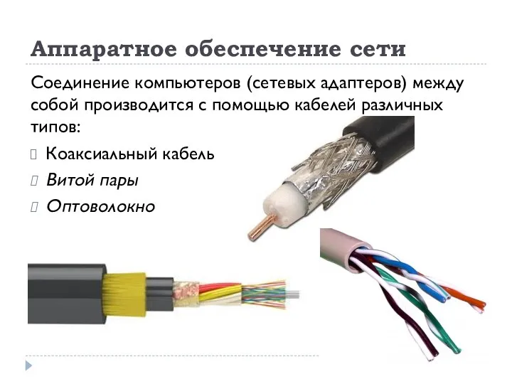 Аппаратное обеспечение сети Соединение компьютеров (сетевых адаптеров) между собой производится с помощью