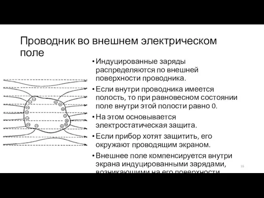 Проводник во внешнем электрическом поле Индуцированные заряды распределяются по внешней поверхности проводника.