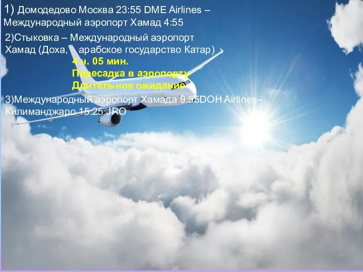 1) Домодедово Москва 23:55 DME Airlines – Международный аэропорт Хамад 4:55 4