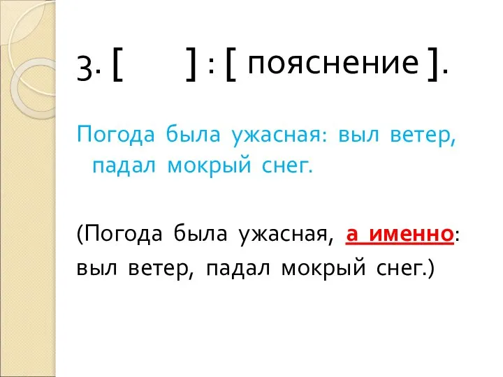 3. [ ] : [ пояснение ]. Погода была ужасная: выл ветер,