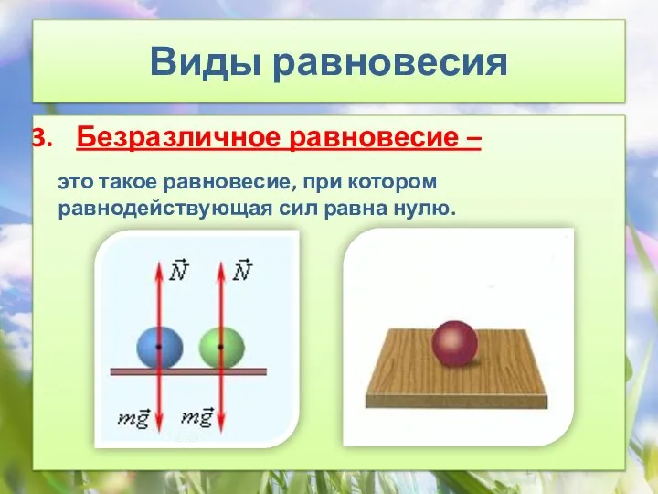 Виды равновесия Безразличное равновесие – это такое равновесие, при котором равнодействующая сил равна нулю.