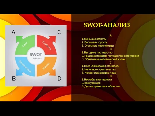 SWOT-АНАЛИЗ . . A. 1. Меньшие затраты 2. Большая скорость 3. Огромные