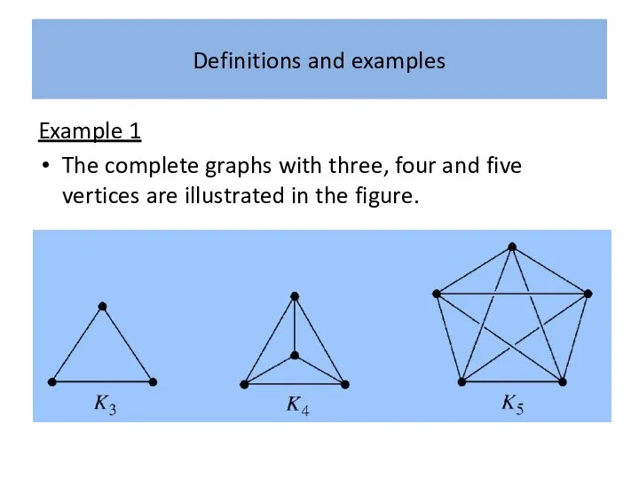 Definitions and examples Example 1 The complete graphs with three, four and