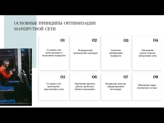 ОСНОВНЫЕ ПРИНЦИПЫ ОПТИМИЗАЦИИ МАРШРУТНОЙ СЕТИ Создание сети магистральных и подвозящих маршрутов Формирование