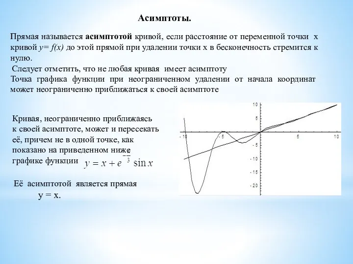 Асимптоты. Прямая называется асимптотой кривой, если расстояние от переменной точки x кривой