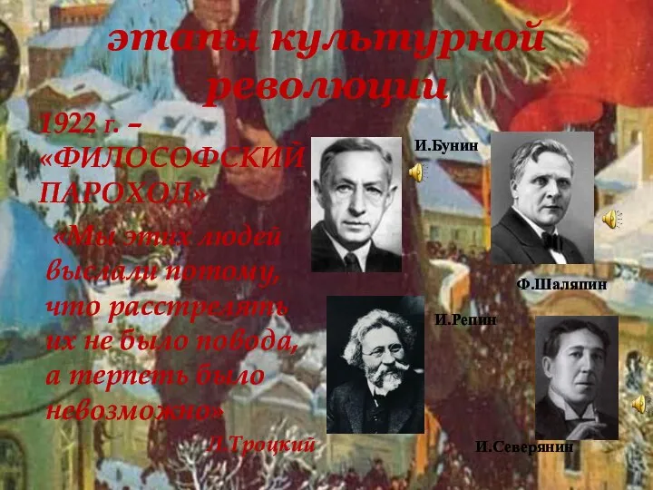 этапы культурной революции 1922 Г. – «ФИЛОСОФСКИЙ ПАРОХОД» «Мы этих людей выслали
