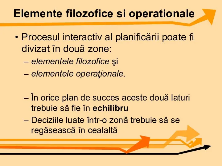 Elemente filozofice si operationale Procesul interactiv al planificării poate fi divizat în