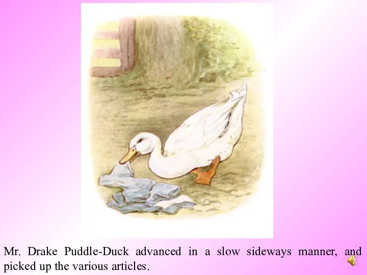 Mr. Drake Puddle-Duck advanced in a slow sideways manner, and picked up the various articles.