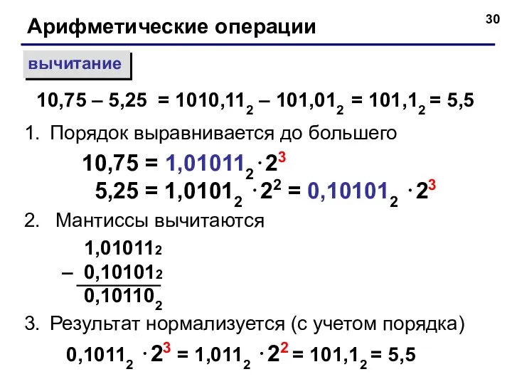 Арифметические операции вычитание Порядок выравнивается до большего 10,75 = 1,010112⋅23 5,25 =