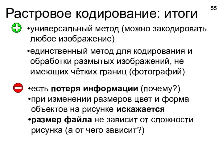 Растровое кодирование: итоги универсальный метод (можно закодировать любое изображение) единственный метод для