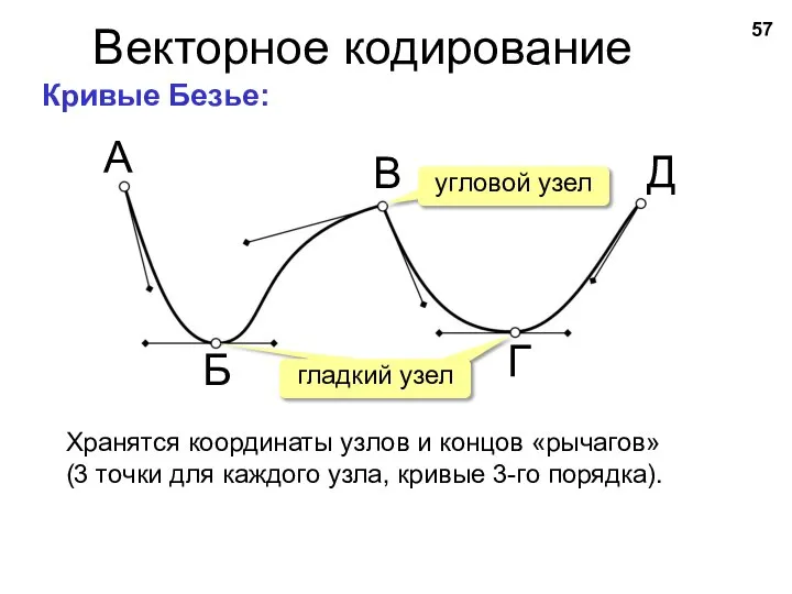 Векторное кодирование Кривые Безье: Хранятся координаты узлов и концов «рычагов» (3 точки