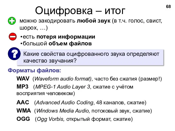 Оцифровка – итог можно закодировать любой звук (в т.ч. голос, свист, шорох,