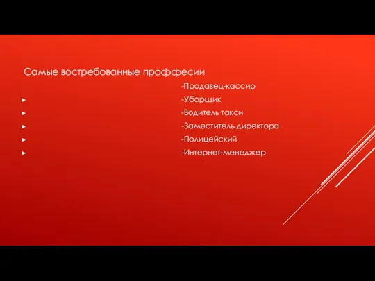 Самые востребованные проффесии -Продавец-кассир -Уборщик -Водитель такси -Заместитель директора -Полицейский -Интернет-менеджер