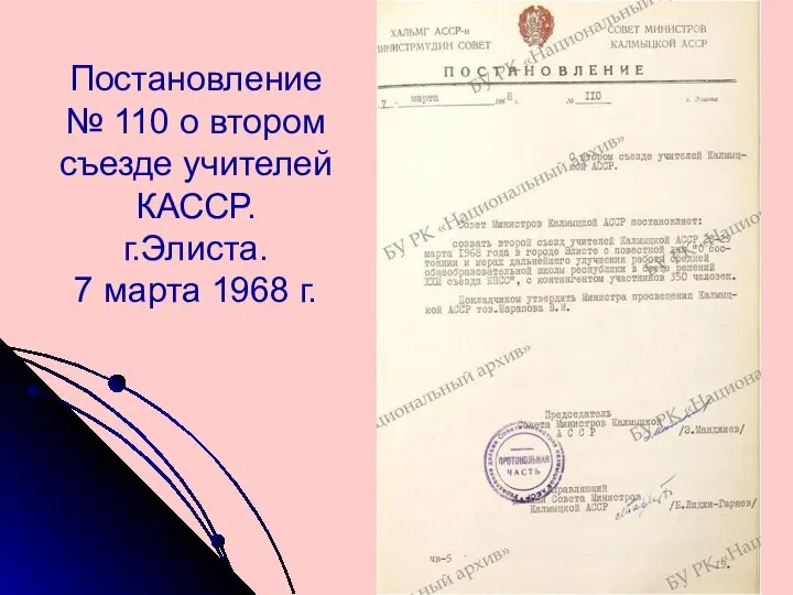 Постановление № 110 о втором съезде учителей КАССР. г.Элиста. 7 марта 1968 г.