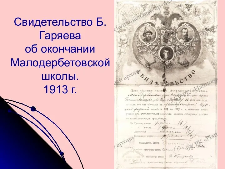 Свидетельство Б.Гаряева об окончании Малодербетовской школы. 1913 г.