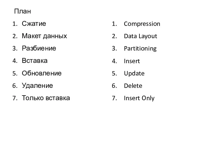 План Сжатие Макет данных Разбиение Вставка Обновление Удаление Только вставка Compression Data