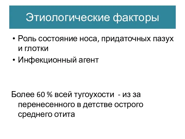 Этиологические факторы Роль состояние носа, придаточных пазух и глотки Инфекционный агент Более