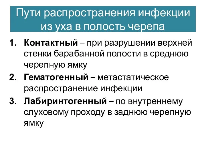 Пути распространения инфекции из уха в полость черепа Контактный – при разрушении