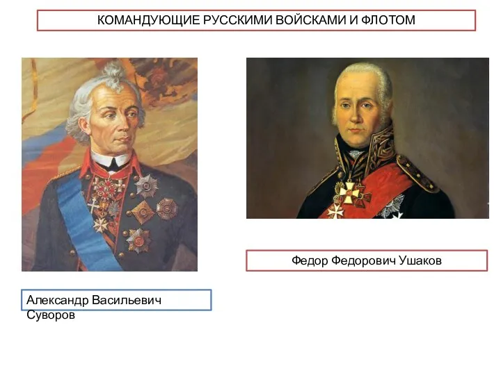 КОМАНДУЮЩИЕ РУССКИМИ ВОЙСКАМИ И ФЛОТОМ Александр Васильевич Суворов Федор Федорович Ушаков