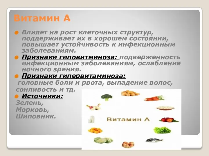 Витамин А Влияет на рост клеточных структур, поддерживает их в хорошем состоянии,