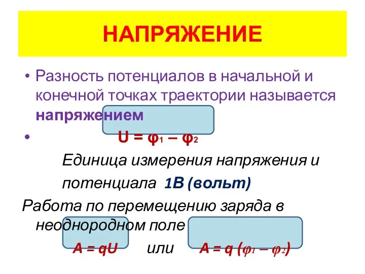 НАПРЯЖЕНИЕ Разность потенциалов в начальной и конечной точках траектории называется напряжением U