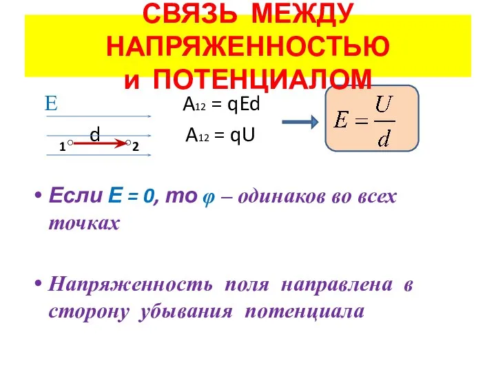 СВЯЗЬ МЕЖДУ НАПРЯЖЕННОСТЬЮ и ПОТЕНЦИАЛОМ Е A12 = qEd d A12 =