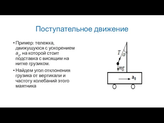 Поступательное движение Пример: тележка, движущуюся с ускорением а0, на которой стоит подставка