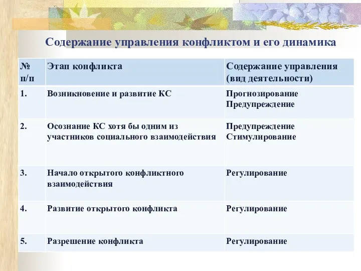 Содержание управления конфликтом и его динамика