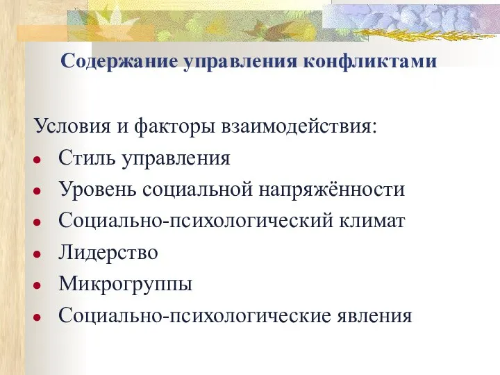 Содержание управления конфликтами Условия и факторы взаимодействия: Стиль управления Уровень социальной напряжённости