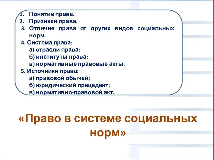 «Право в системе социальных норм» Вам поручено подготовить развёрнутый ответ. Составьте план,