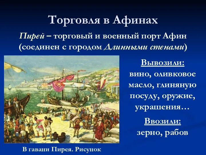 Торговля в Афинах В гавани Пирея. Рисунок Вывозили: вино, оливковое масло, глиняную