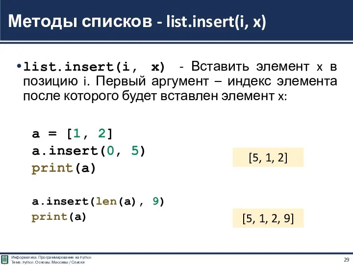 list.insert(i, x) - Вставить элемент x в позицию i. Первый аргумент –