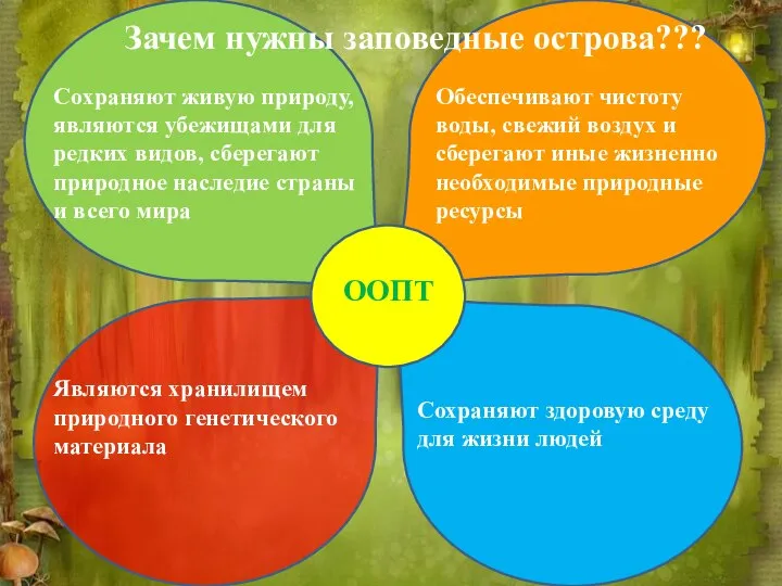 Зачем нужны заповедные острова??? Сохраняют живую природу, являются убежищами для редких видов,