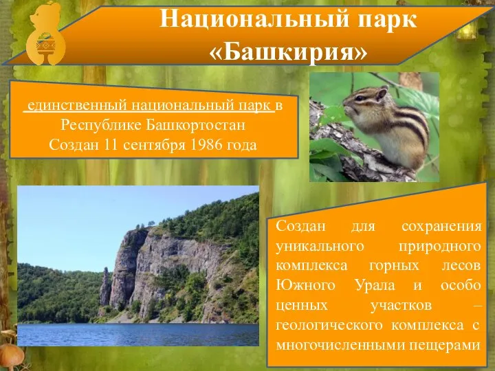 Национальный парк «Башкирия» единственный национальный парк в Республике Башкортостан Создан 11 сентября