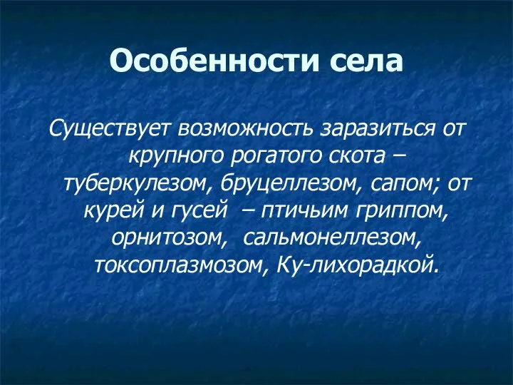 Особенности села Существует возможность заразиться от крупного рогатого скота – туберкулезом, бруцеллезом,