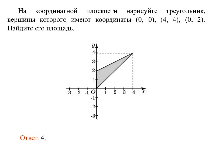 На координатной плоскости нарисуйте треугольник, вершины которого имеют координаты (0, 0), (4,