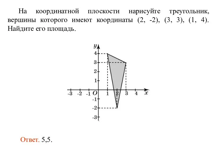 На координатной плоскости нарисуйте треугольник, вершины которого имеют координаты (2, -2), (3,