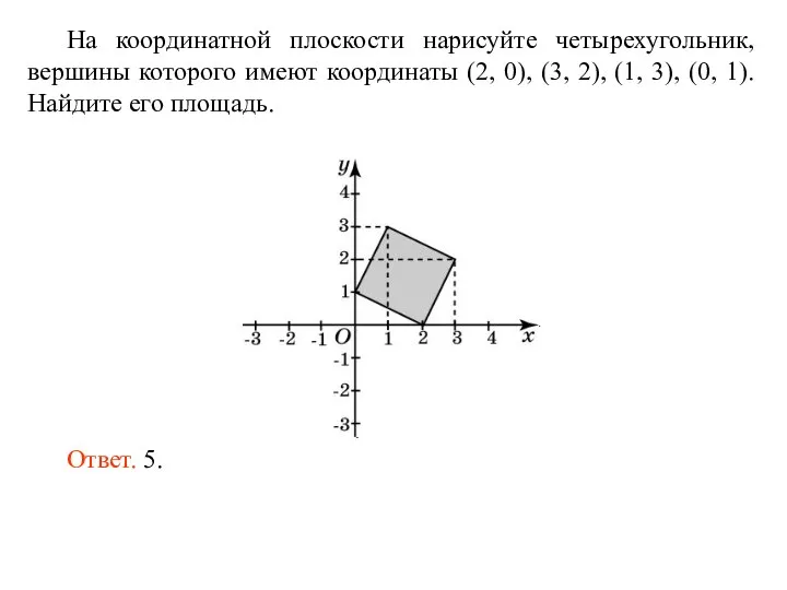На координатной плоскости нарисуйте четырехугольник, вершины которого имеют координаты (2, 0), (3,