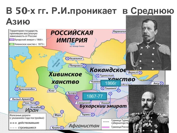 В 50-х гг. Р.И.проникает в Среднюю Азию 1866г 1867-77